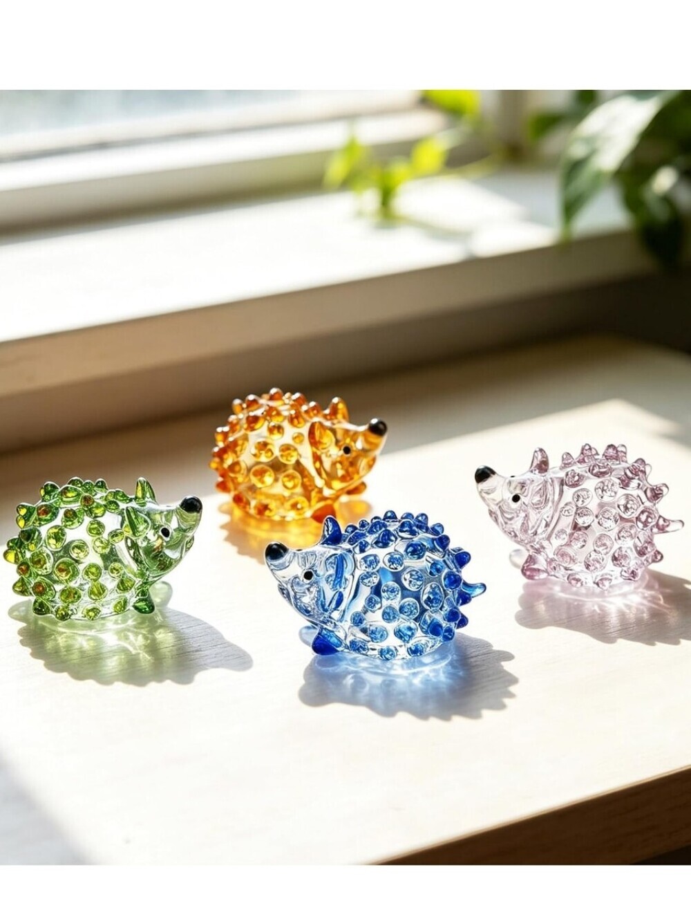 Set of 4 Glass Hedgehog Figurines - Green, Amber, Blue, Pink